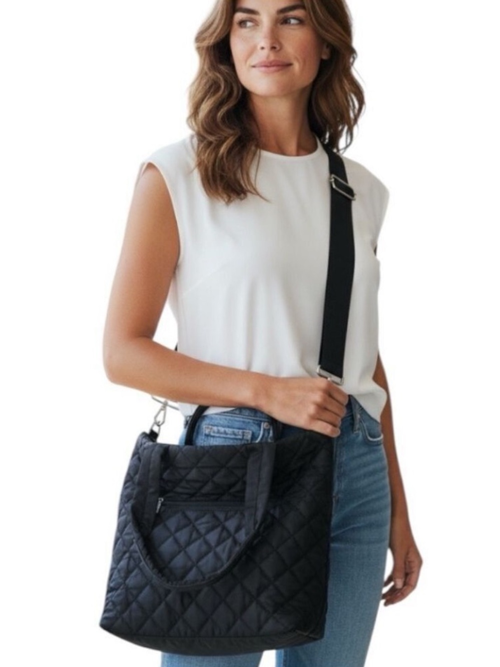 Ahdorned Quilted Nylon Tote with Crossbody Strap in Black